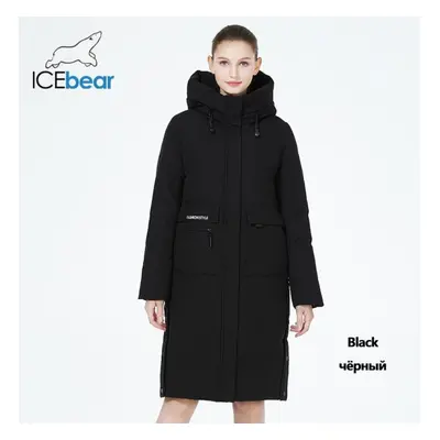 (black, 50) Icebear Winter Women Jacket Long Cotton Big Pockets Ladies Windproof Coat Women&apos