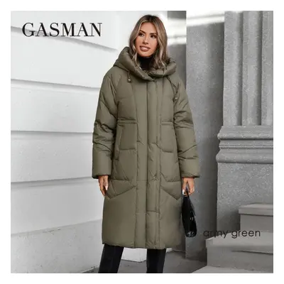 (army green, XXL) Gasman Winter Down Jacket Women Long Classic Zipper Design Pocket Stand Collar