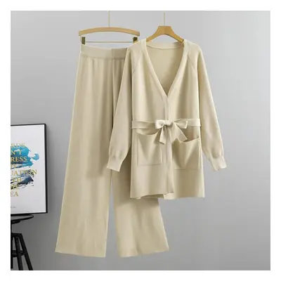 (apricot, L) Spring And Autumn Women&apos;s Knitted Set Wide Leg Pants Knitted Cardigan Jacket T