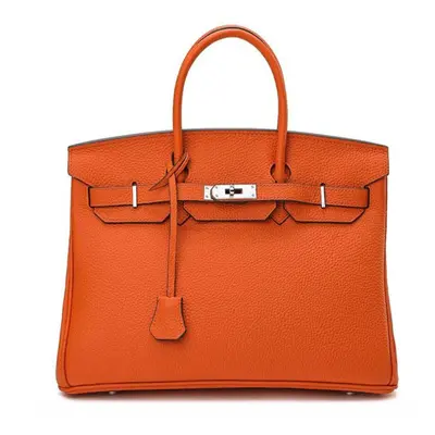 (orange, 35cm) New Silver Button Litchi Pattern Head Layer Cowhide Platinum Bag Handheld Platinu