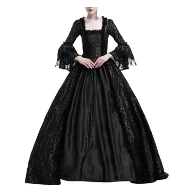 (black, L) Women Retro Party Princess Cosplay Lace Floor Length Dress