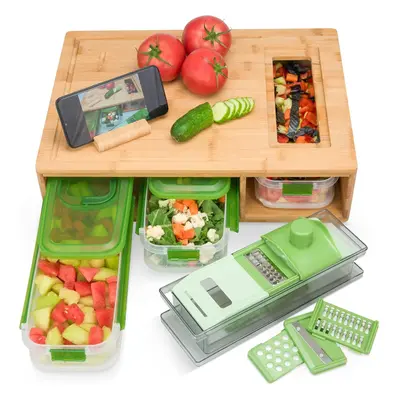 (Green) Premium Bamboo Cutting Board with Stackable Containers/Trays/Compartments