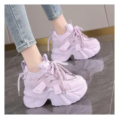 (purple, 34) Women Chunky Sneakers Thick Bottom Leather Shoes High Platform Vulcanize Shoes Blin