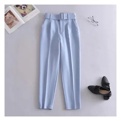 (blue, L) Pants Suit Women High Waist Sashes Pockets Middle Aged Long Pant