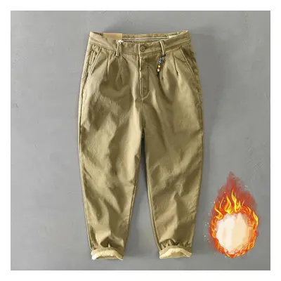 (khaki, 38) Winter Warm Men&apos;s Pants Youth Streetwear Casual Cargo Pants Solid Color Cotton 