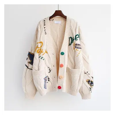 (apricot, XL) Autumn Winter Women Cardigan Warm Knitted Sweater Jacket Pocket Embroidery Fashion