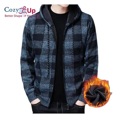 (blue, L) Cozy Up Men&apos;s Sweater Coat Autumn Winter Thick Warm Hooded Plaid Wool Sweater Car