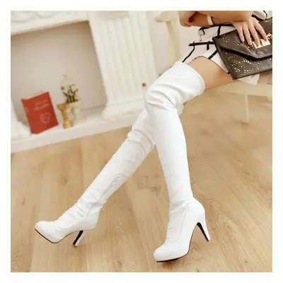 (white, 41) Women Over-the-knee Boots Round Toe Block High Heels Zipper Stretch Long Boots Ladie