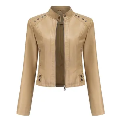 (beige, L) Women Faux Leather Jacket Cropped Zip Up Motorcycle Short Pu Moto Biker Outwear Fitte