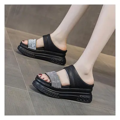 (black, 39) Fujin 7cm Rhinestone Genuine Leather Women Summer Peep Toe Platform Wedge Sandals Hi