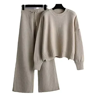 (khaki) Autumn Winter Women Piece Wide Leg Pants Sets O Neck Sweaters Cashmere Knitted Tracksuit