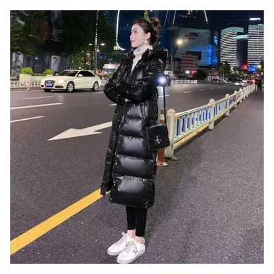 (as the picture, L) Down Jacket Women&apos;s Mid-length Winter Slimming Shiny Thick Black Long S