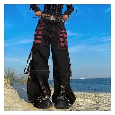 (black, S) Gothic Chain Bandage Wide Leg Pants Women Oversize Low Rise Dark Academic Trousers St