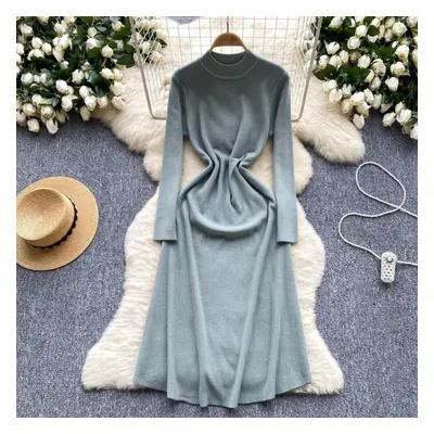 (green, One Size) Vintage Elegant O Neck Lool Sleeve Knit Korean Fashion Sweet Dress Women Basic