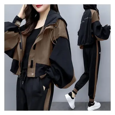 (khaki, XL) Fivefive Women&apos;s Tracksuit Korean Elegant Hoodie Zipper Jacket Coat Sport Pants