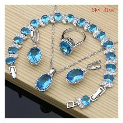 (sky blue, 7.5) Natural Silver Jewelry Red Birthstone Charm Jewelry Sets Women Earrings/pendant/