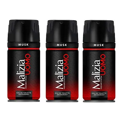 3x Malizia Uomo Musk Deo Deodorant Spray for Men 150ml Edt parfum