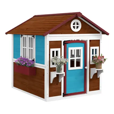 Outsunny Wooden Playhouse with Doors, Wooden, Plant Pots for Kids - Dark Brown