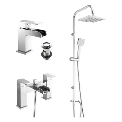 (Waterfall Bath Shower Mixer & Basin Tap) Chrome Square Way Over Head Riser Shower Kit