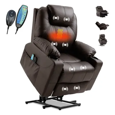 (Brown) Rise and Recline Chair Electric Point Heated Massage Sofa Riser Recliner Armchair