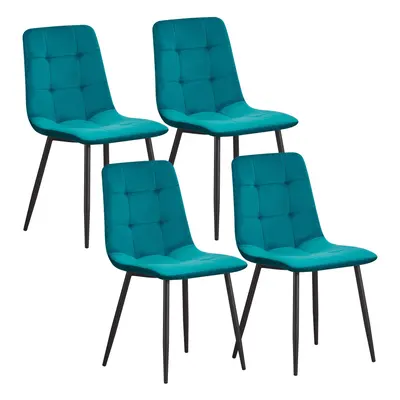 (Teal-check) Set Velvet Dining chairs Black Metal legs with Backrest Padded seat