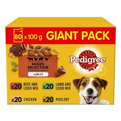 80 x 100g Pedigree Adult Wet Dog Food Pouches Mixed Selection in Jelly