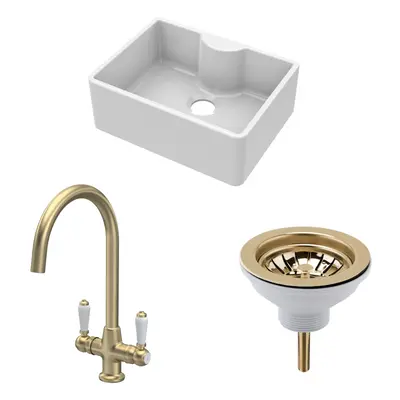 Fireclay Kitchen Bundle - Single Bowl Butler Sink with Tap Ledge, Waste & Mono Lever Tap, 595mm 