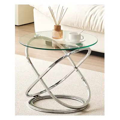 (Silver) Round Abstract Tempered Glass Side Table Chrome Effect Frame In Gold Or Silver