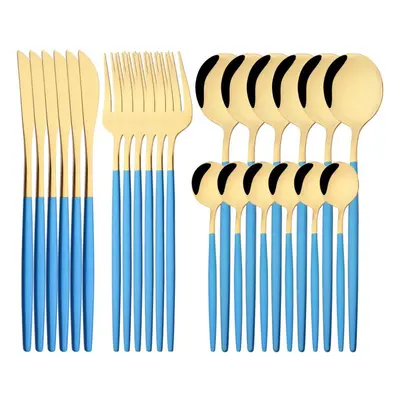 (blue,gold, 24PCS) Luxury 24pcs Rose Gold Dinnerware Set Knife Fork Spoon Cutlery Set With Gift 