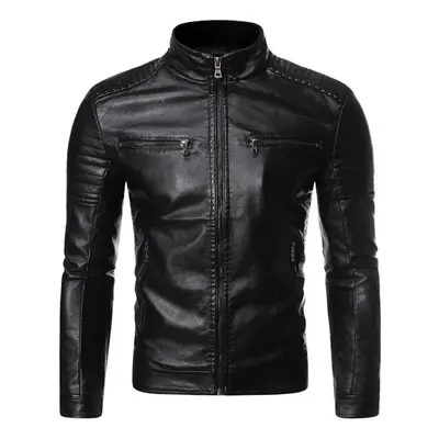 (black, XXXL) Men&apos;s Washed Pu Leather Jacket Men&apos;s Stand Collar Men&apos;s Motorcycle 