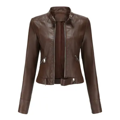 (coffee, 2XL) Leather Jacket Women&apos;s Short Small Jacket Spring And Autumn Stand Collar Ladi