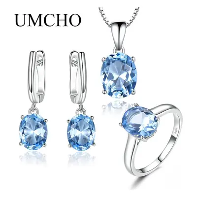 (sky blue, 8) Umcho Sky Blue Topaz Gemstone Wedding Jewelry Sets For Women Sterling Silver Engag