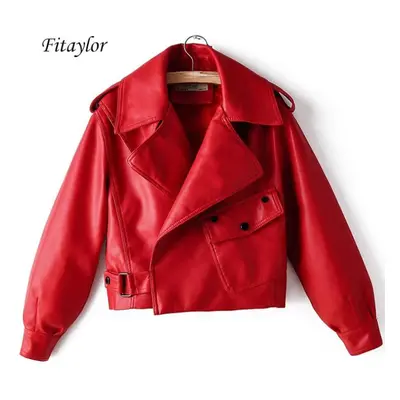 (red, M) New Autumn Women Faux Leather Jacket Pu Motorcycle Biker Red Coat Turndown Collar Loose