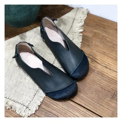 (black, 36) Johnature Retro Genuine Leather Women Soft Sole Flats Shoes Handmade Casual Shallow 