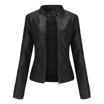 (black, XL) Women Faux Leather Biker Jacket Pu Motorcycle Casual Zip Up Slim Coat Cropped Racer 