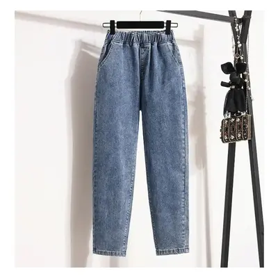 (blue, L) Plus Size Women Jeans Pants High Waist Loose Denim Female Elastic Waist Spring Basic P