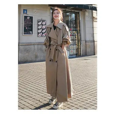 (khaki, S) Autumn Korean Style Loose Oversized Women&apos;s Trench Coat Double-breasted Belted L