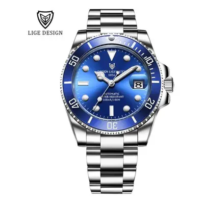 (silver,blue) Lige New Watch Men Automatic Mechanical Tourbillon Clock Fashion Sport Diving Watc