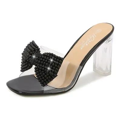 (black, 42) Women&apos;s Sheer High Heel Sandals Beaded Bow Shoes