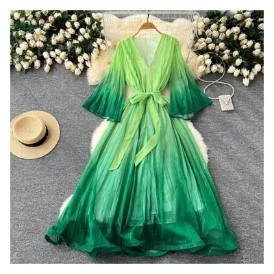 (green, one size) Luxury Banquet Women&apos;s Dress With Waist Tie Loose V-neck Flare Sleeves Gr