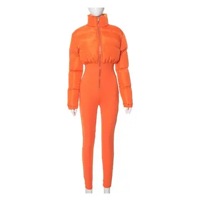 (XL, orange) Autumn Winter Women Patchwork Bodycon Long Sleeve Jumpsuits Thick Warm High Waist Z