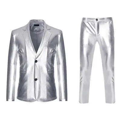 (silver, 2XL) Men&apos;s Shiny Gold Pieces Suits Blazer Pants Terno Masculino Fashion Party Dj C