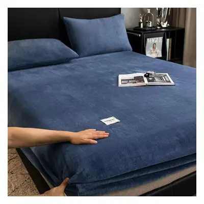 (blue, Bed sheet (180x200x25cm)) 1pc Flannel Bed Sheet With Elastic Band For Winter Soft Warm Gr