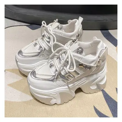 (white, 37) 10cm Women Chunky Sneakers Heels Lace-up High Platform Sports Shoes Woman Breathable