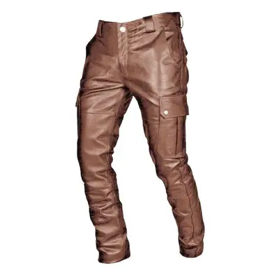 (brown, M) Men&apos;s Handsome Leather Pants Vintage Gothic Motorcycle Leather Pants Diablo Rock