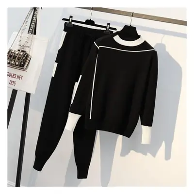 (black, 2XL) 2pcs/set Knit Piece Set Tracksuits Fall Winter Women Knit Pullover Sweater + Elasti