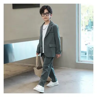 (green, 130cm) Boys Long Sleeve Casual Blazer Suits Jacket Trouser 2pcs School Uniform Teen Kids