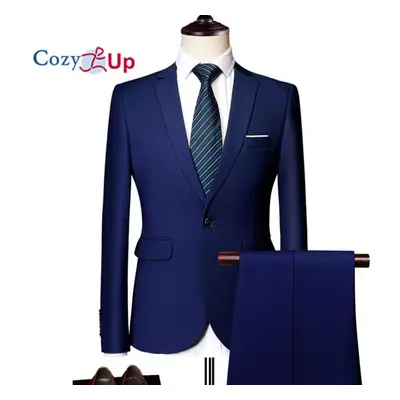 (royal blue, XXL) Cozy Up Men Solid Color Long Sleeve Lapel Slim Button Men Fashion Business Sui