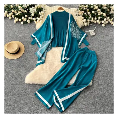 (blue, One Size) Women Chic Knit Two Pieces Sets Lool Sleeve Patchwork O Neck Basics Split High 