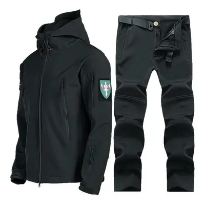 (black, XL) Winter Fleece Windproof Warm Men&apos;s Suit Shark Skin Soft Shell Jackets+ Pants Se